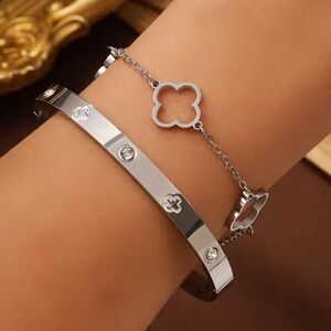 Silver Clover Bracelet Set – Bangle & Adjustable Chain Bracelet